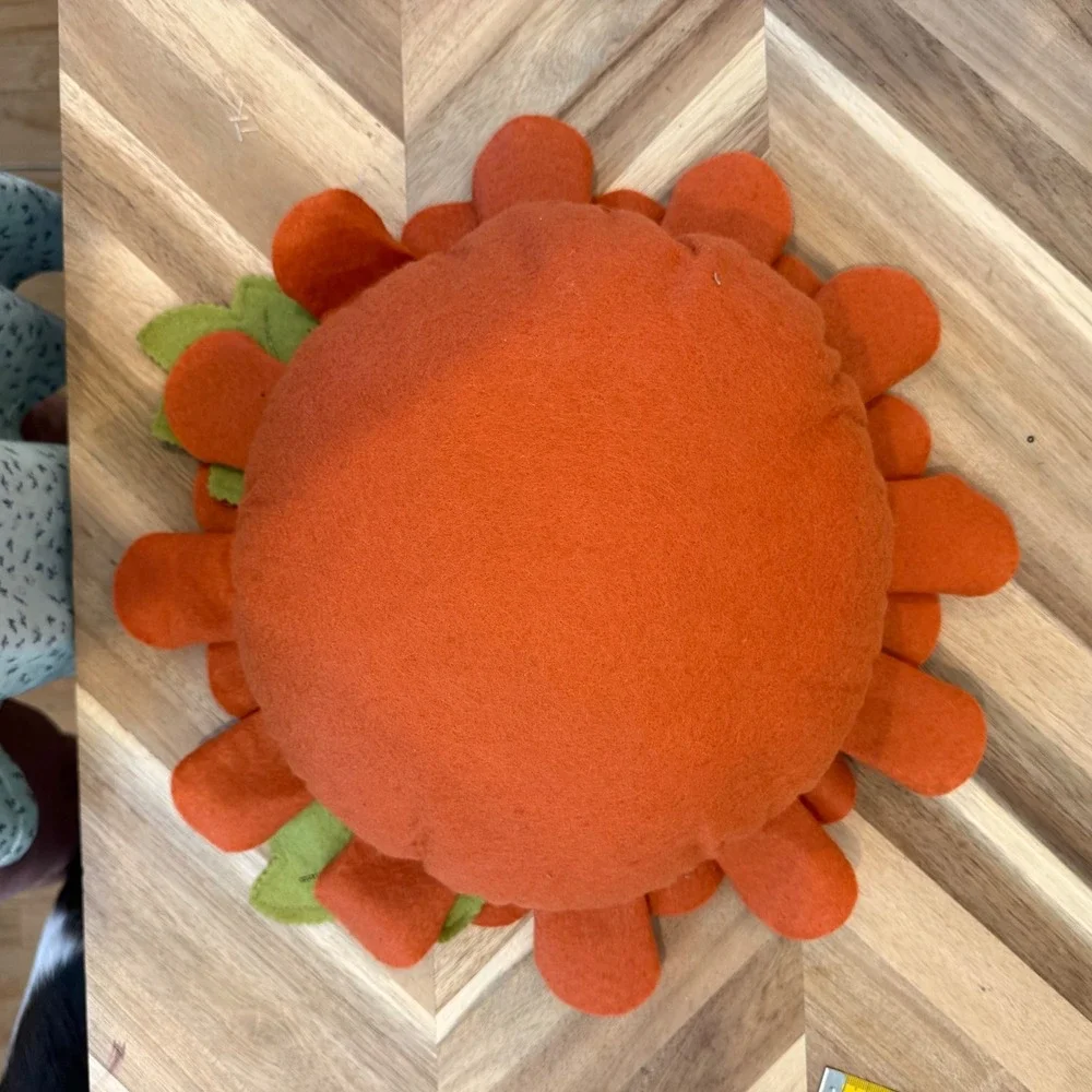 Boho Handmade Felt‎ Flower Decorative Pillow Round Orange Red Accent Cottagecore